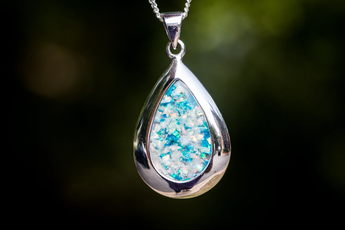 cremation jewelry pear drop pendant with opal